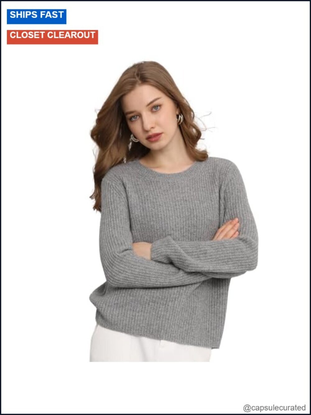 Cashmere Crewneck Ribbed Long Sleeve Pullover Sweater